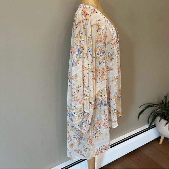 Band of Gypsies Floral Kimono Nude Peach Tones Asymmetric Sleeve Chiffon Sheer - Picture 6 of 10
